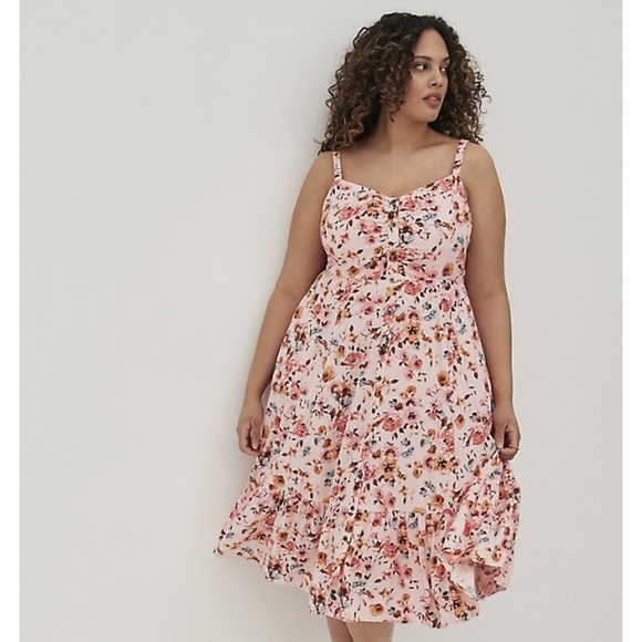 torrid | Dresses | Torrid Challis Floral Pink Button Front Midi Dress ...